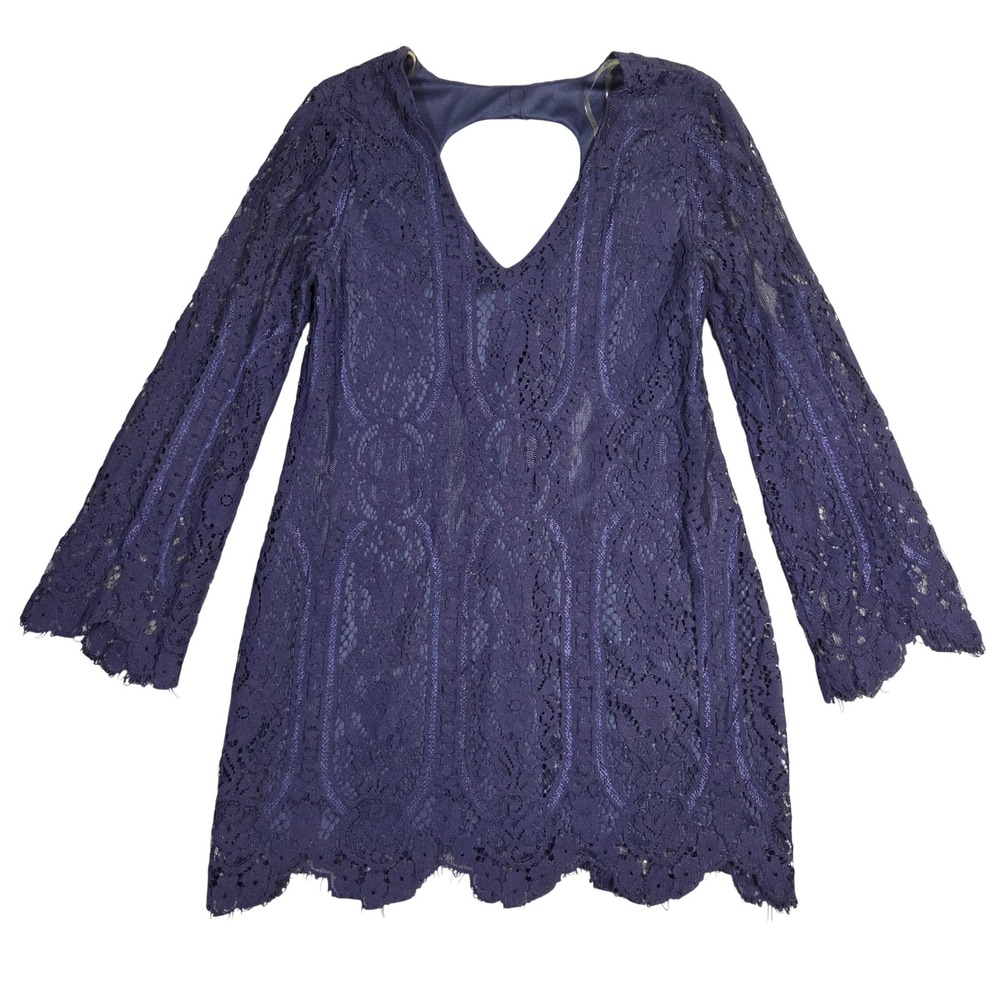 Francescas‎ Navy Lace V Neck Cutout Back Bell Sleeve Mini Dress M Boho Wedding